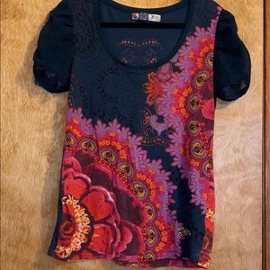 Desigual Floral Mandela Royal Blue Blouse w Lace